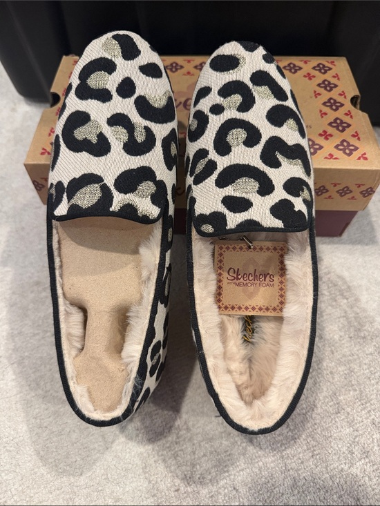 Skechers Shoes - Skechers Women's Black and Cream Leopard-Print Faux-Fur Slip-Ons